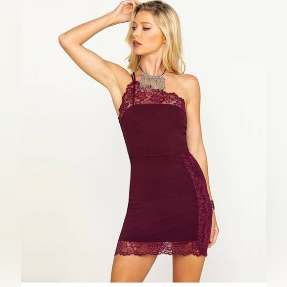 Free People Dress Premonitions Bodycon Bloom Wine Stretch Lace Size Medium - Picture 1 of 14
